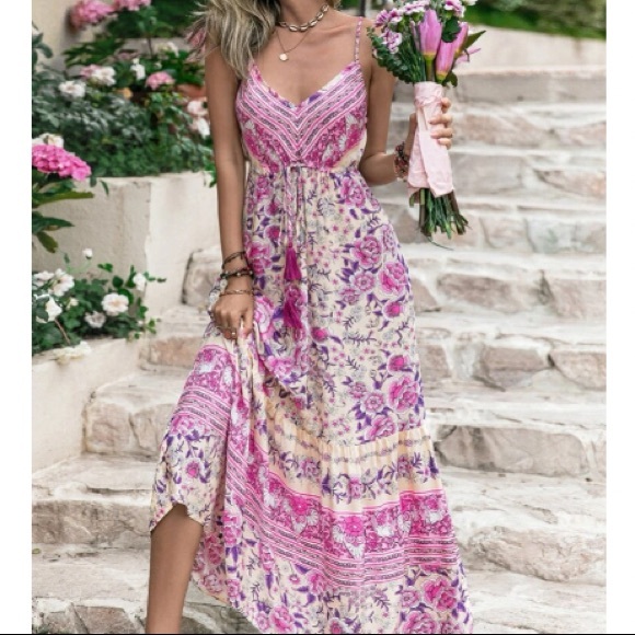 Dresses & Skirts - Boho floral print drawstring waist cami dress